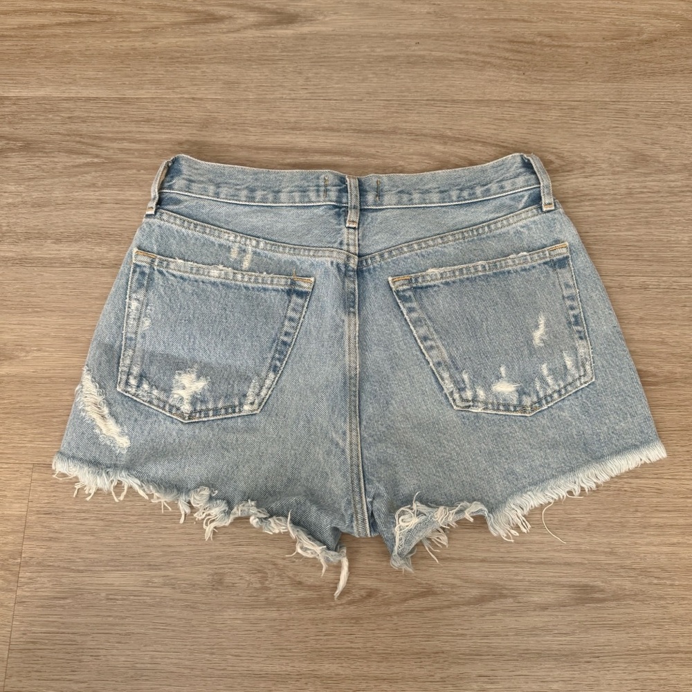 agolde medium blue high waisted rise distressed ripped denim jeans shorts bottom - Picture 3 of 7